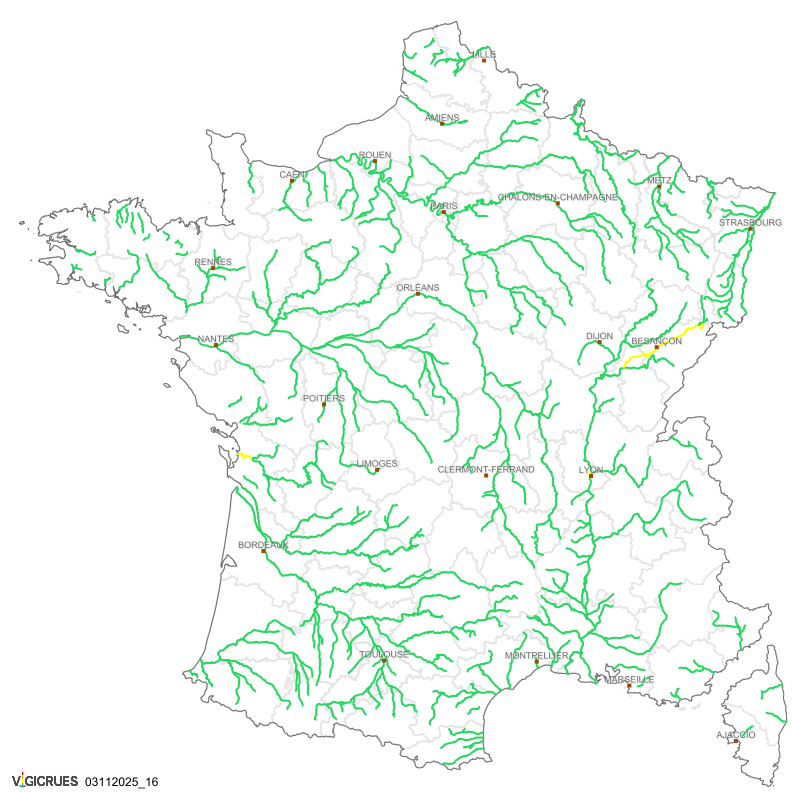 Carte de vigilance des cours d'eaux Français générée par Vigicrues